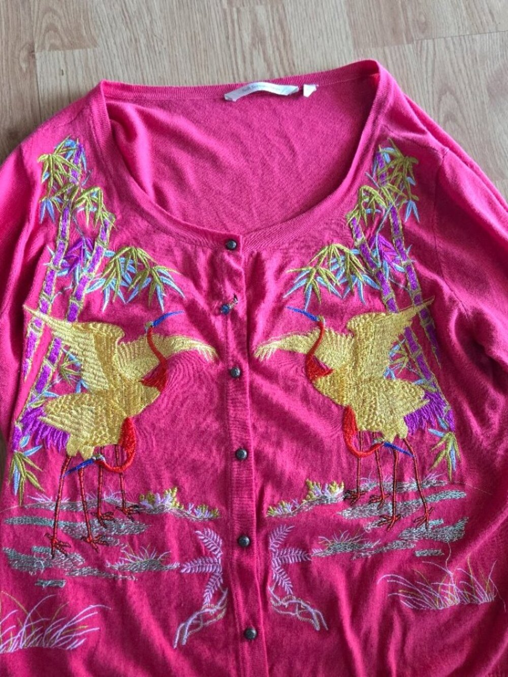 Soft Surroundings Pink Crane & Bamboo Embroidered Cardigan‎ Large